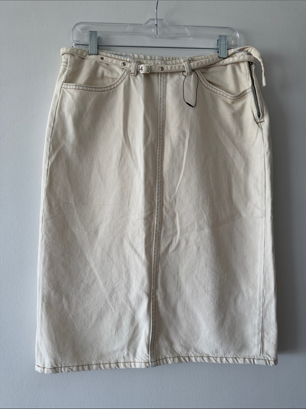 ZARA Ecru Denim Midi Skirt Belted Utility Coastal Cowgirl Slit Medium NWOT
